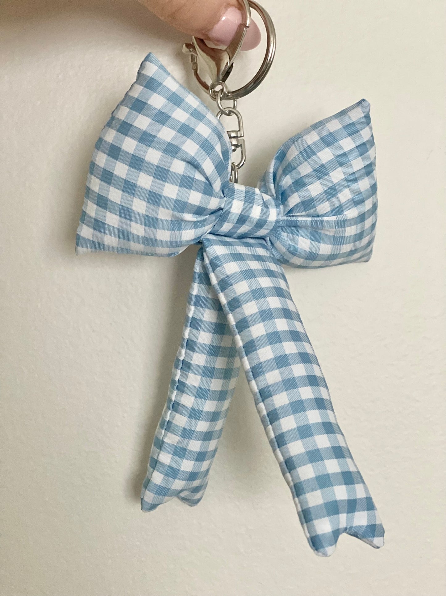 Puffy Blue Gingham Bow Keychain