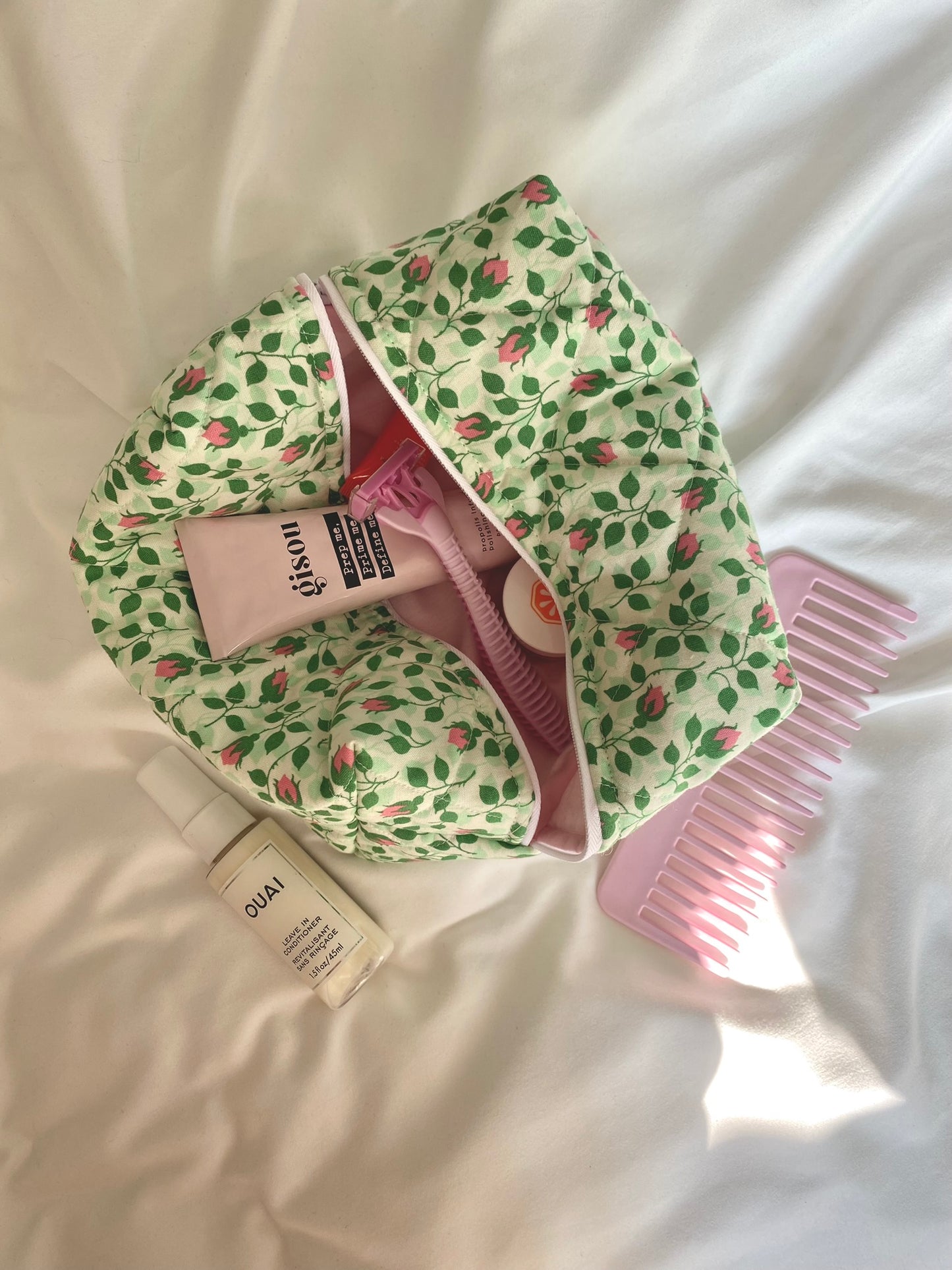 Green & Pink Tulips Makeup Bag